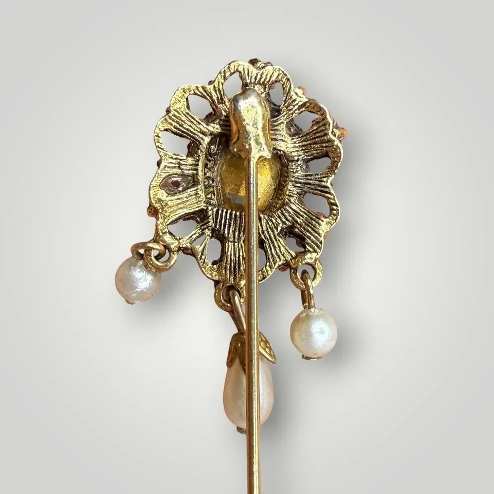 Vintage ART Signed Stick Pin Red Rhinestone Faux Pearl Gold Tone Victorian